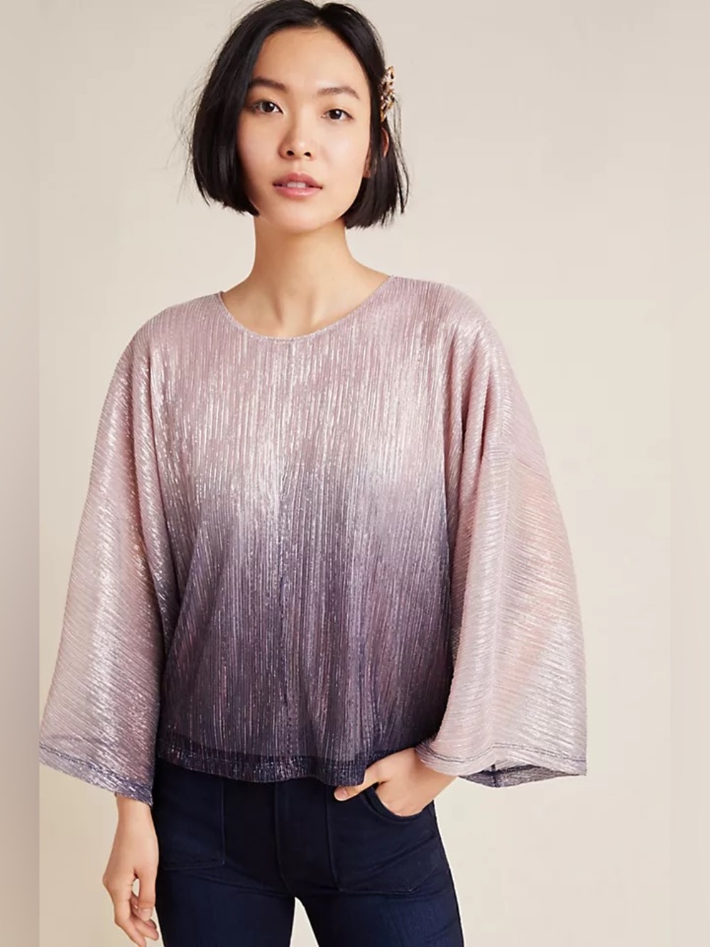 Anthropologie Serena Plisse Shimmer Ombre Wide Sleeve Blouse Top Medium